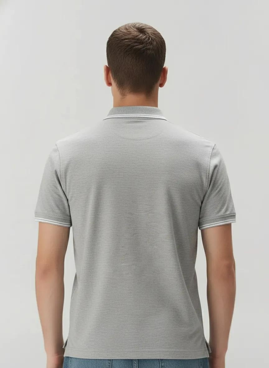 Men Grey Melange Polo Collar SolidT-shirt