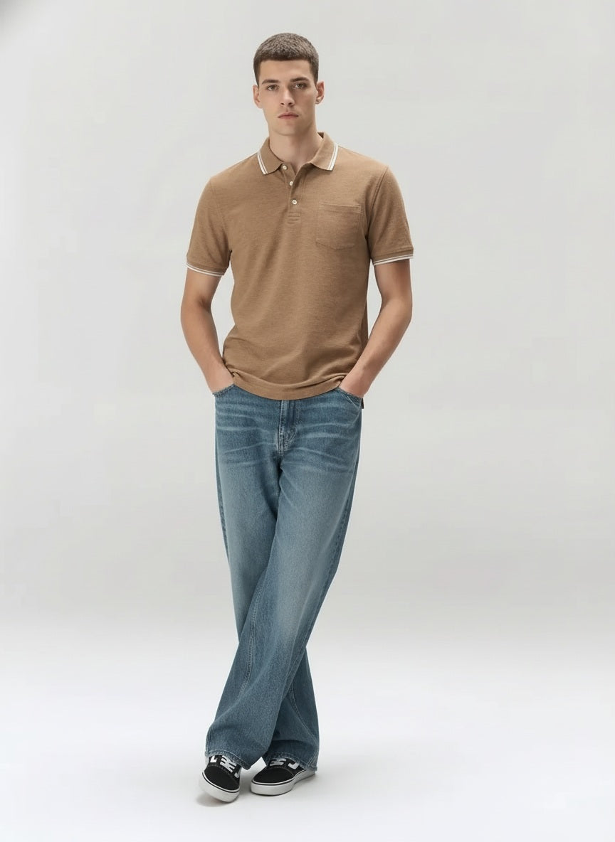 Men Khaki Melange Polo Collar SolidT-shirt