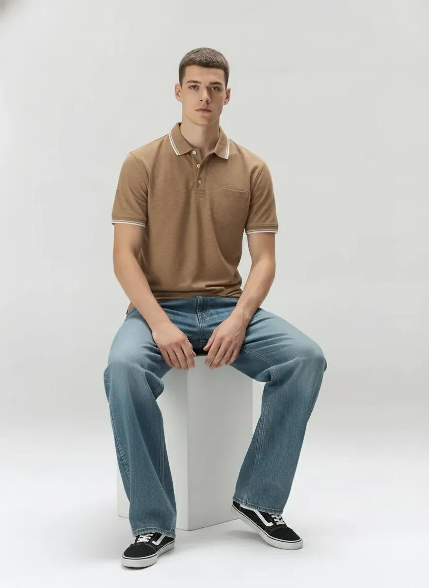 Men Khaki Melange Polo Collar SolidT-shirt