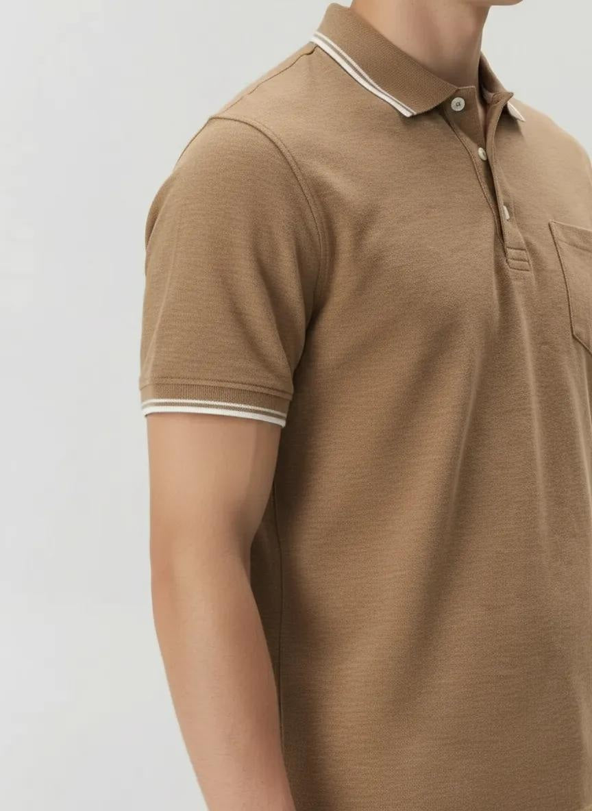 Men Khaki Melange Polo Collar SolidT-shirt