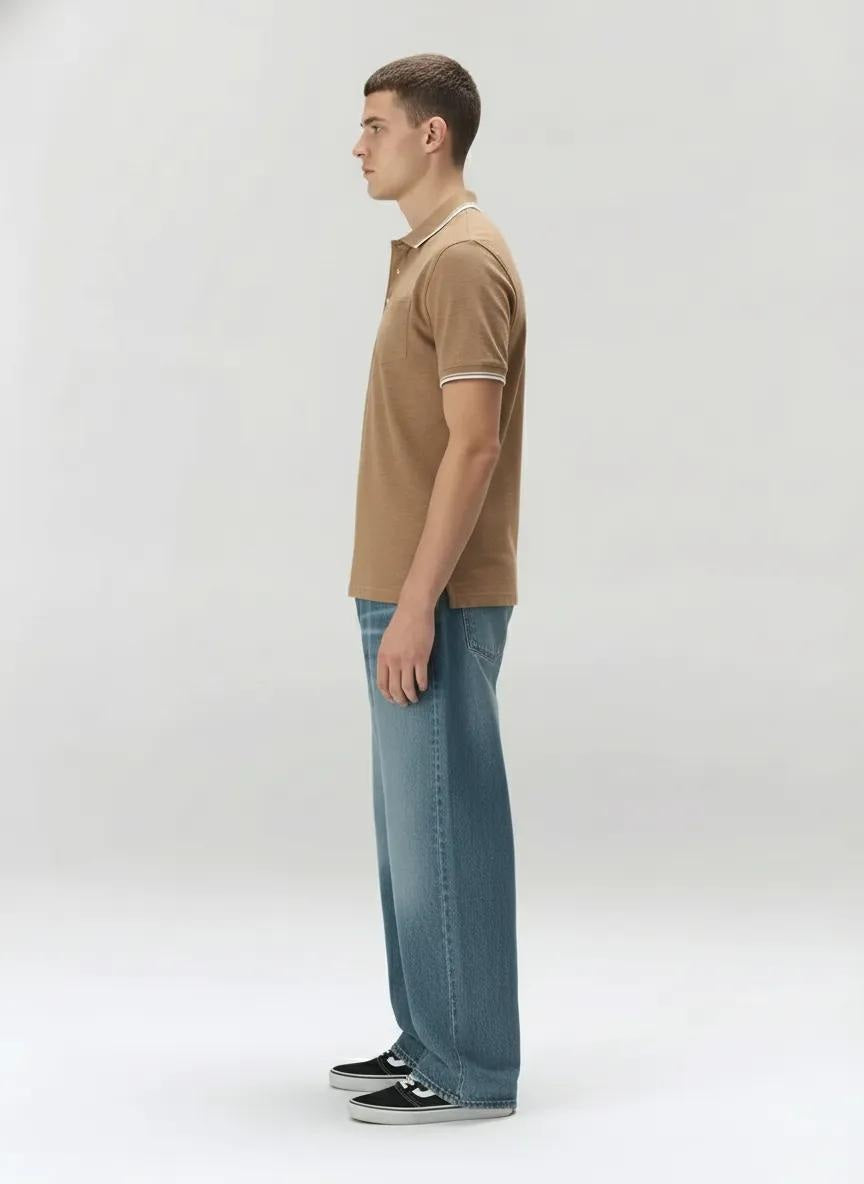 Men Khaki Melange Polo Collar SolidT-shirt