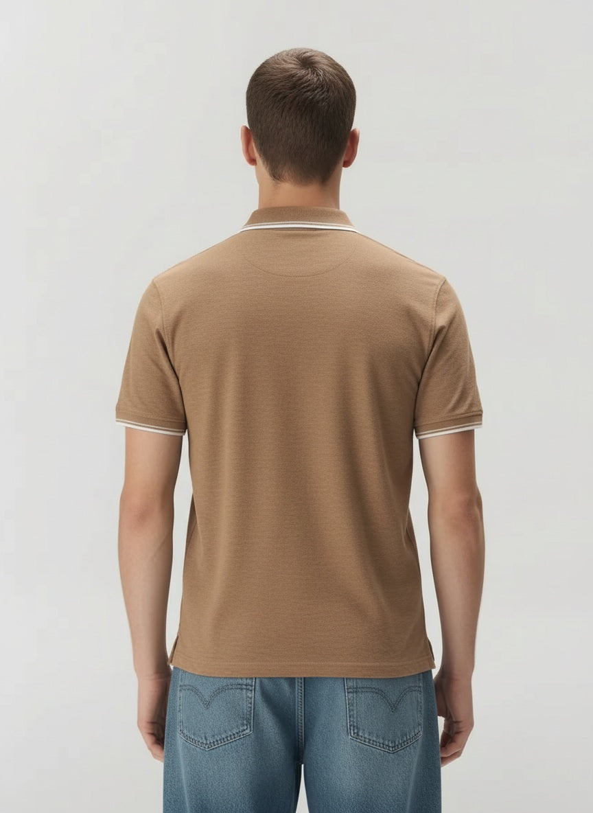 Men Khaki Melange Polo Collar SolidT-shirt