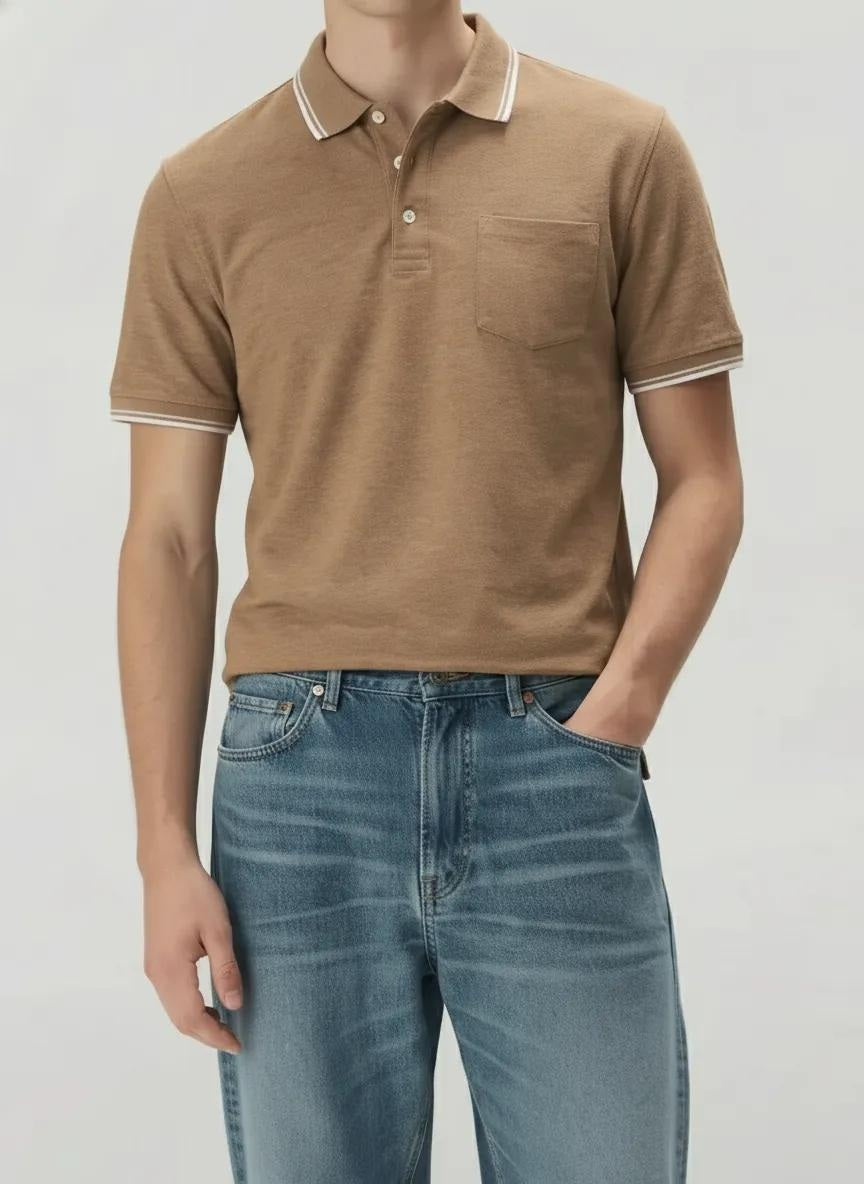Men Khaki Melange Polo Collar SolidT-shirt
