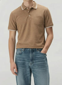 Men Khaki Melange Polo Collar SolidT-shirt