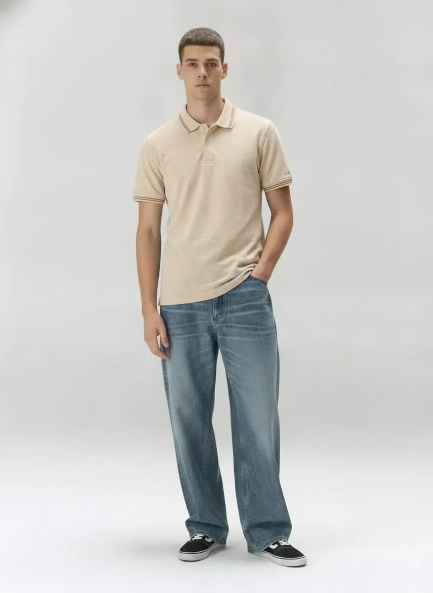 Men Natural Melange Polo Collar Pockets T-shirt