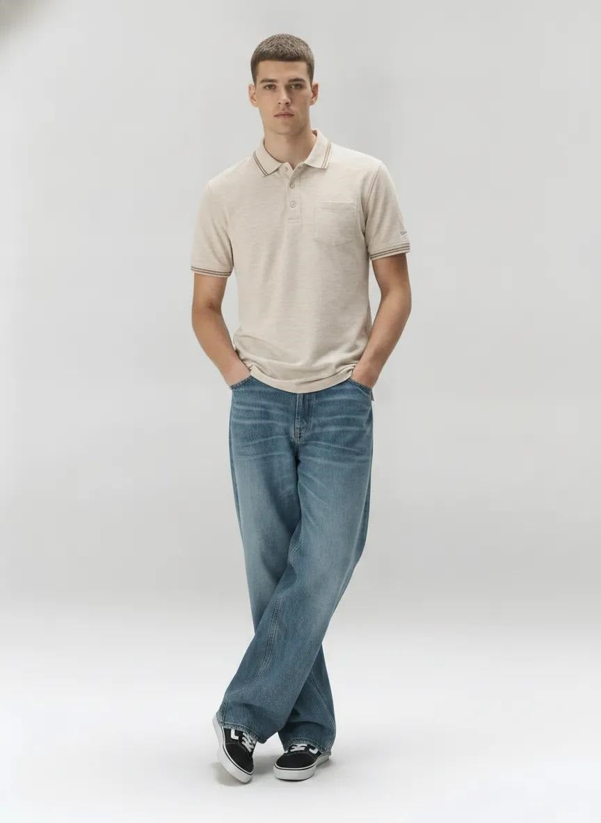 Men Natural Melange Polo Collar Pockets T-shirt