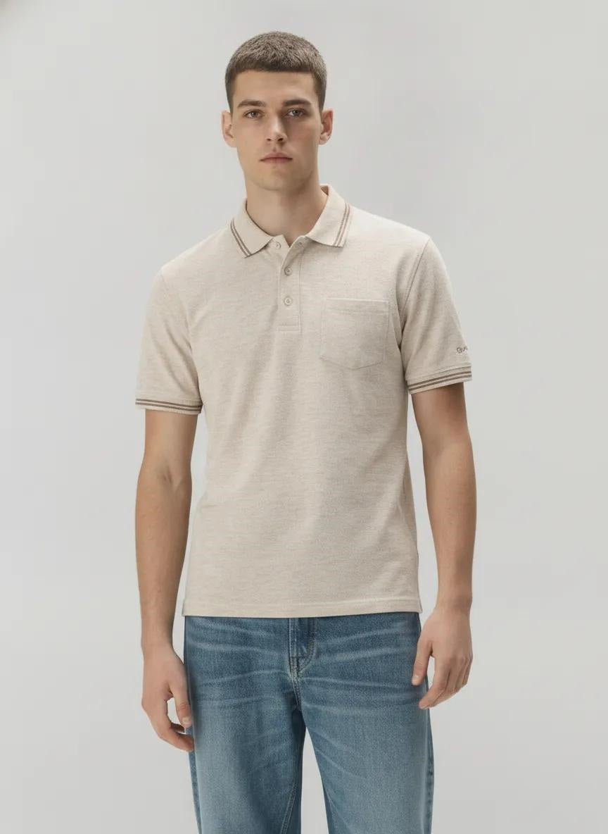 Men Natural Melange Polo Collar Pockets T-shirt