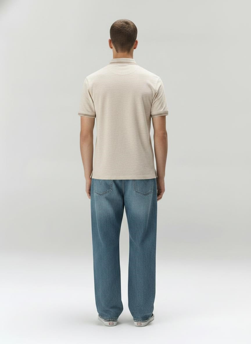 Men Natural Melange Polo Collar Pockets T-shirt