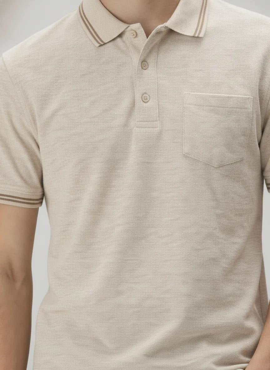 Men Natural Melange Polo Collar Pockets T-shirt