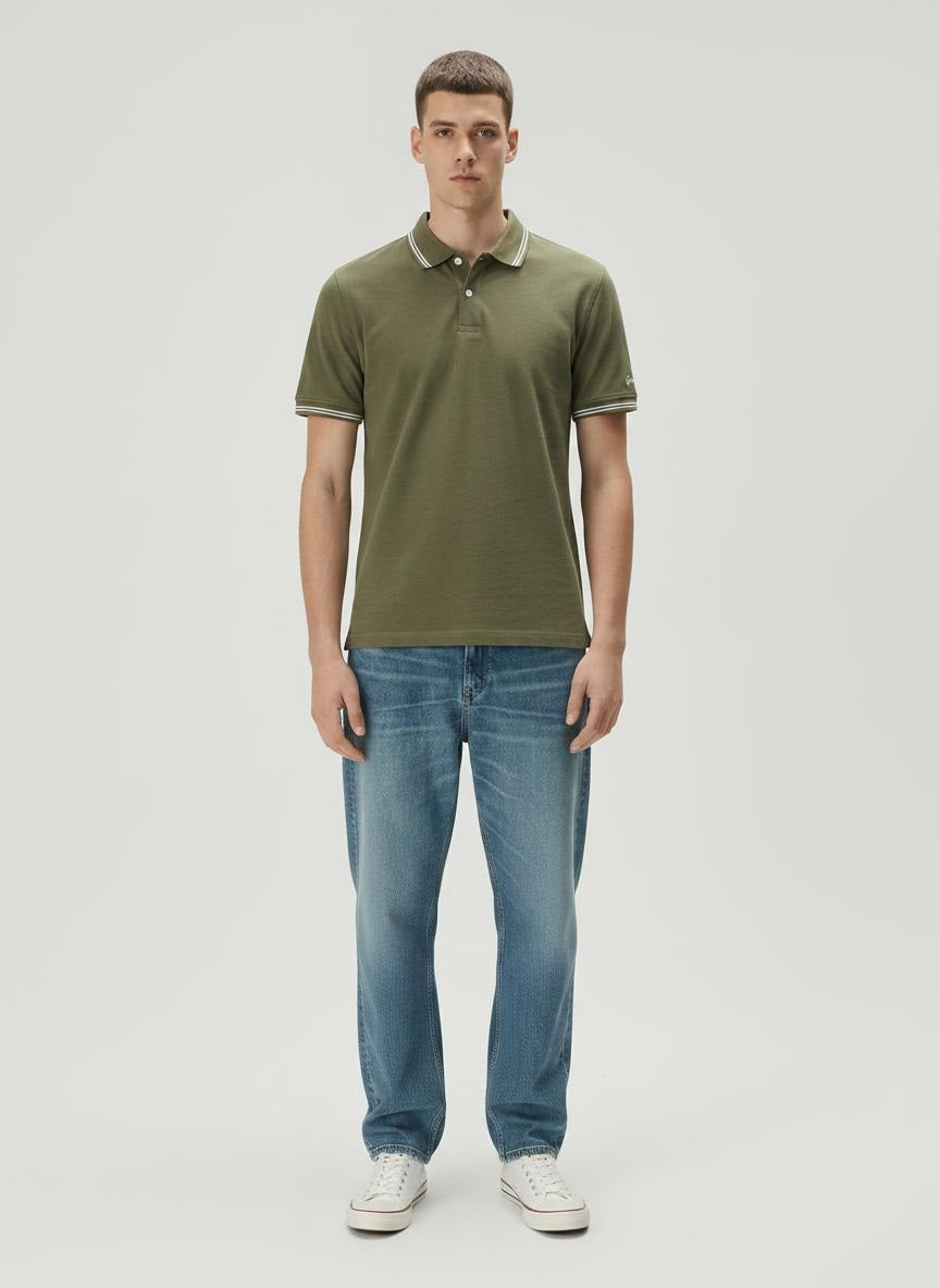 Men Olive Melange Polo Collar T-shirt