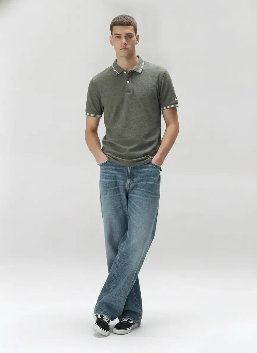 Men Olive Melange Polo Collar T-shirt