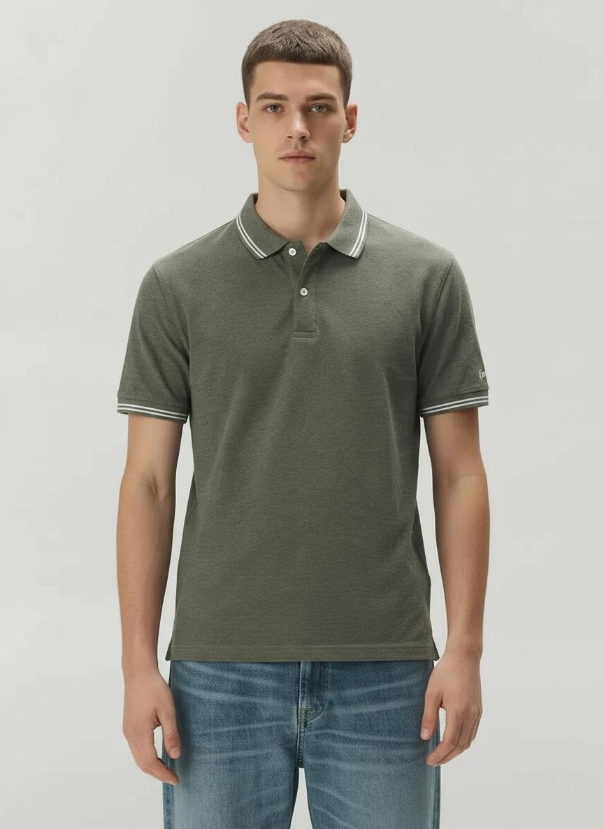 Men Olive Melange Polo Collar T-shirt