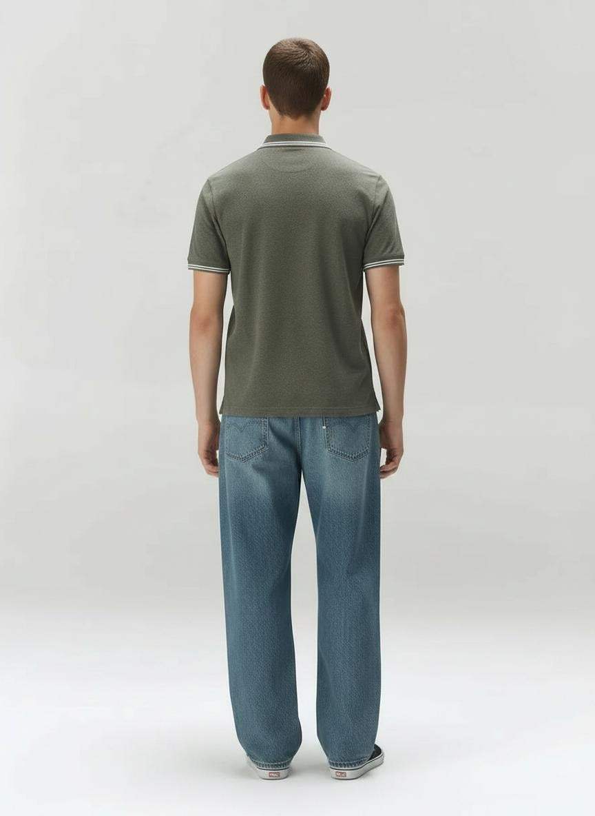 Men Olive Melange Polo Collar T-shirt