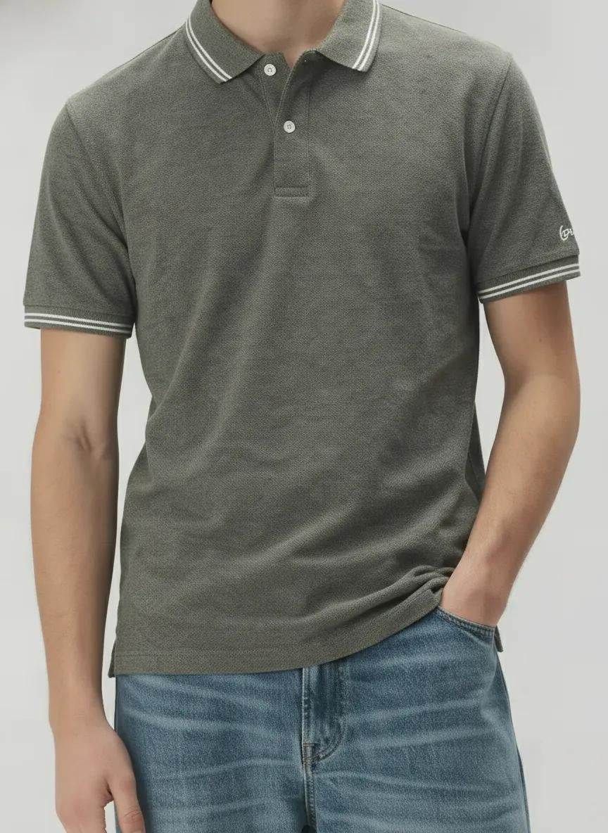 Men Olive Melange Polo Collar T-shirt