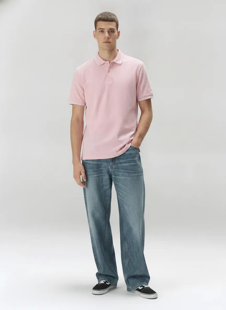 Men Pink Melange Polo Collar Pockets T-shirt