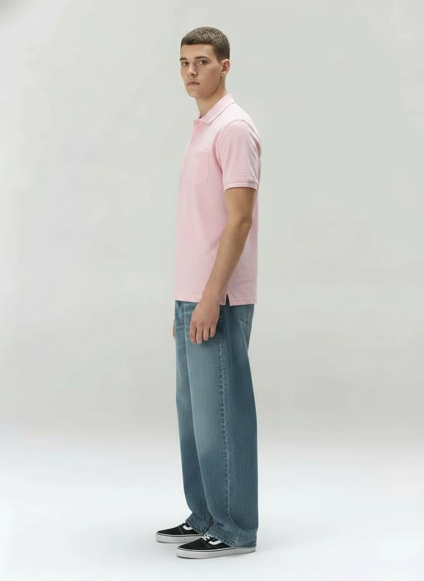 Men Pink Melange Polo Collar Pockets T-shirt