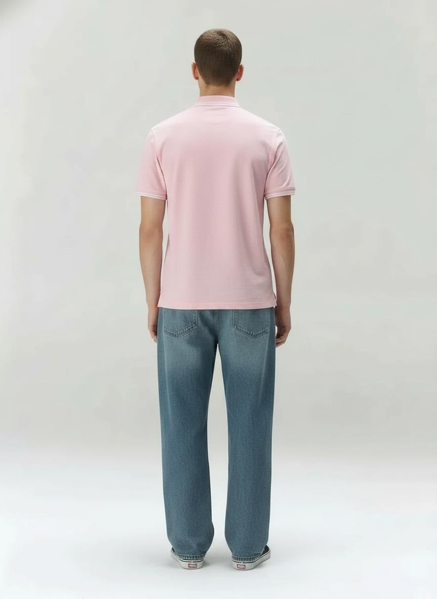 Men Pink Melange Polo Collar Pockets T-shirt