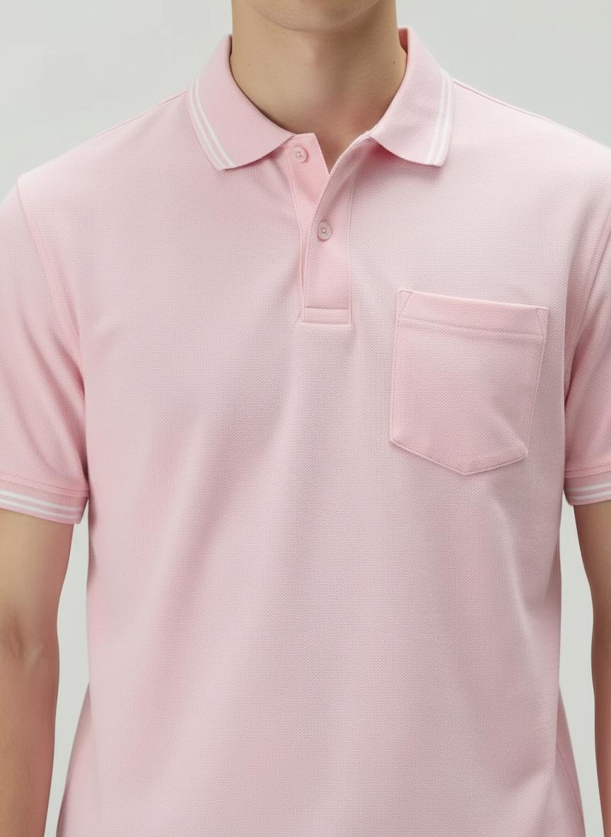 Men Pink Melange Polo Collar Pockets T-shirt