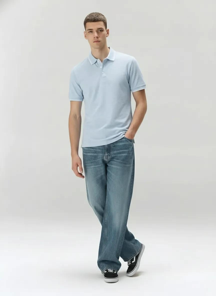 Men Sky Melange Polo Collar SolidT-shirt