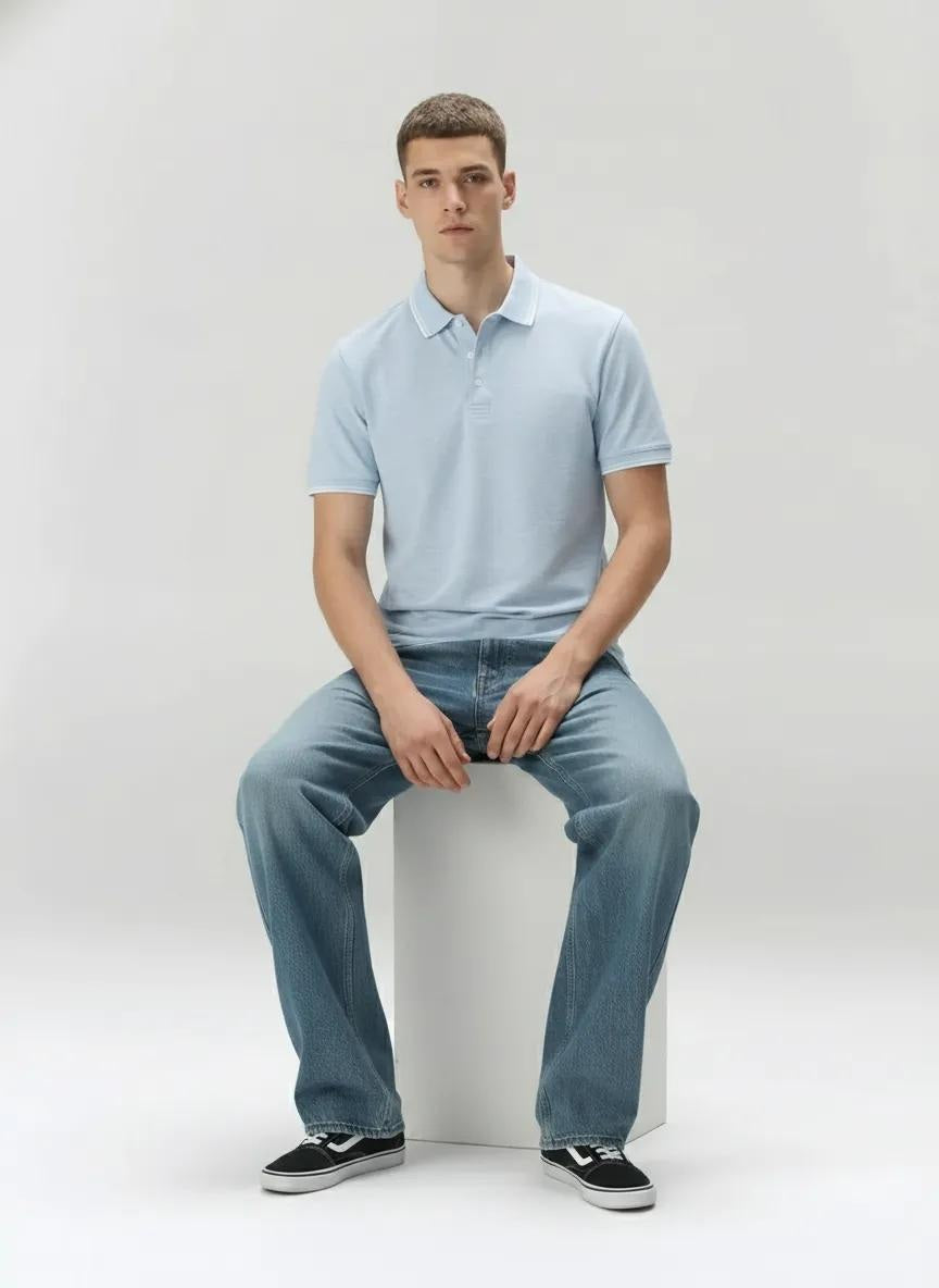 Men Sky Melange Polo Collar SolidT-shirt