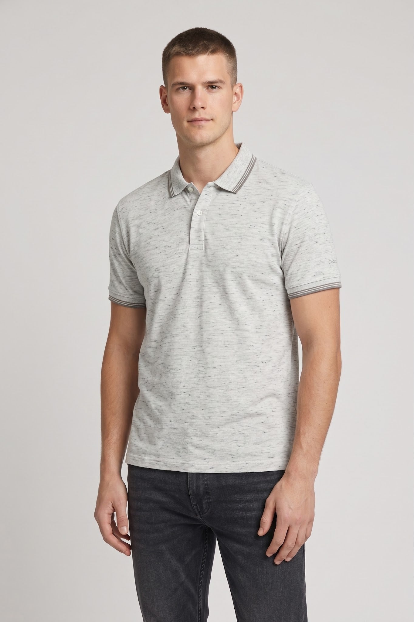 Men White Melange Polo Collar Pockets T-shirt