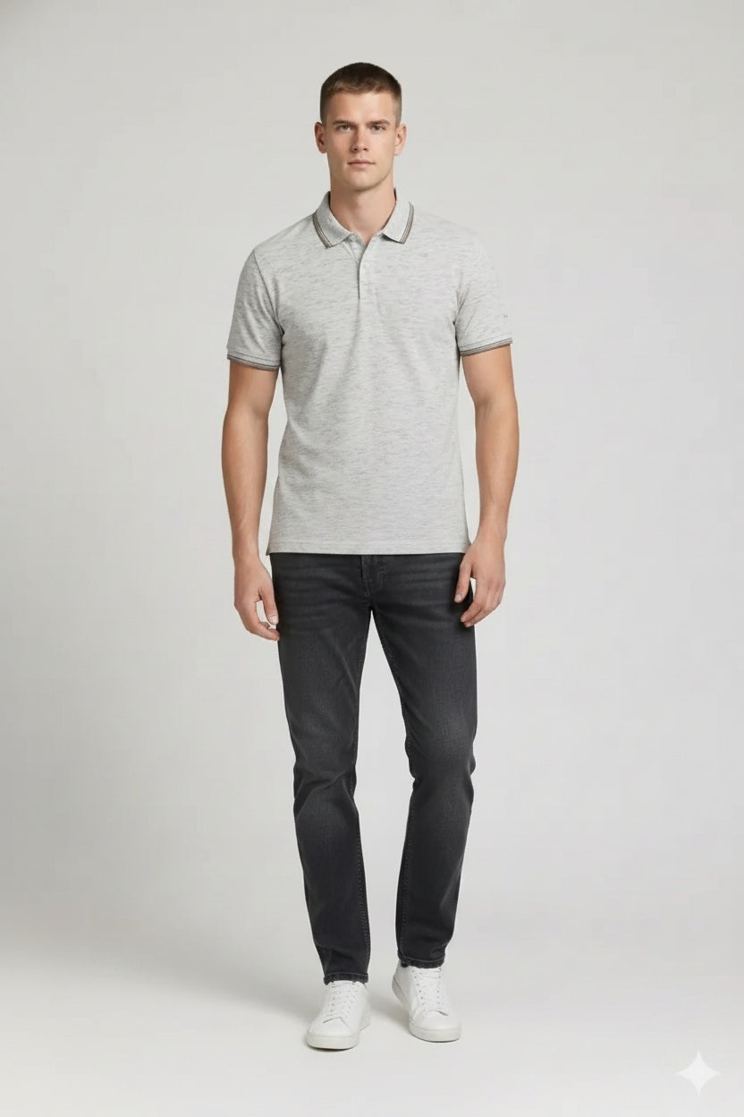 Men White Melange Polo Collar Pockets T-shirt