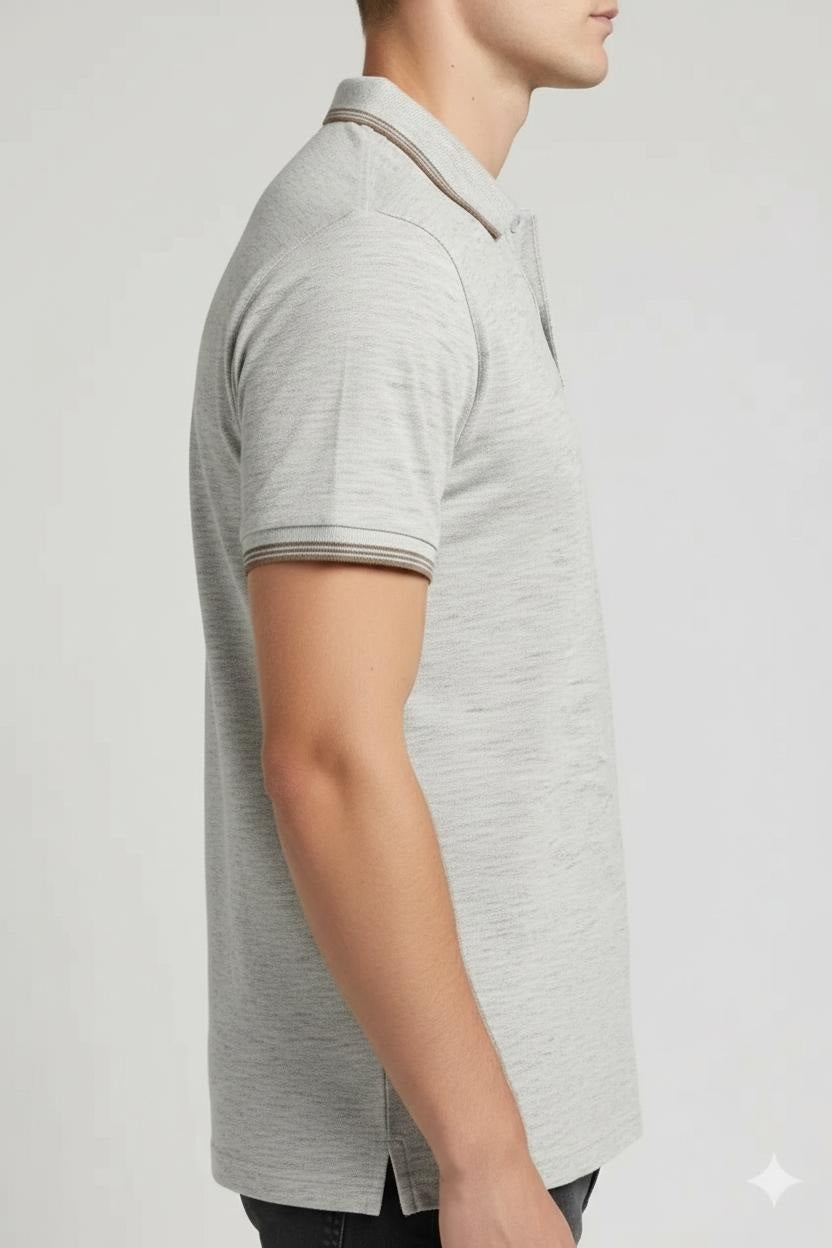 Men White Melange Polo Collar Pockets T-shirt