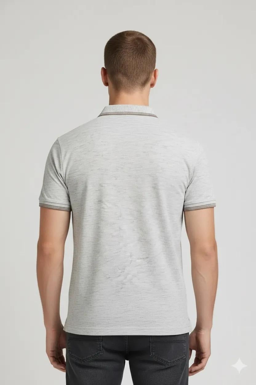 Men White Melange Polo Collar Pockets T-shirt