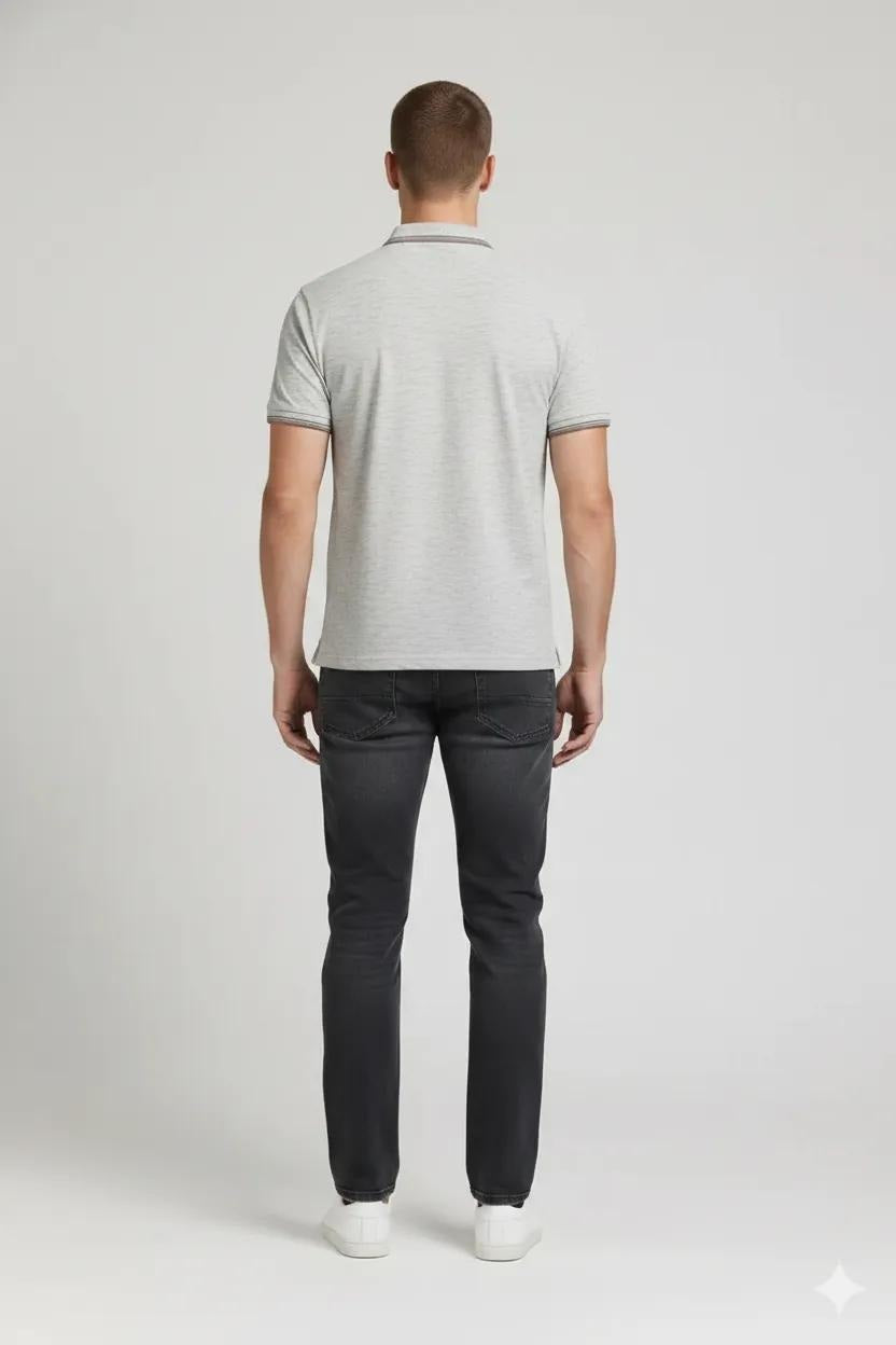 Men White Melange Polo Collar Pockets T-shirt
