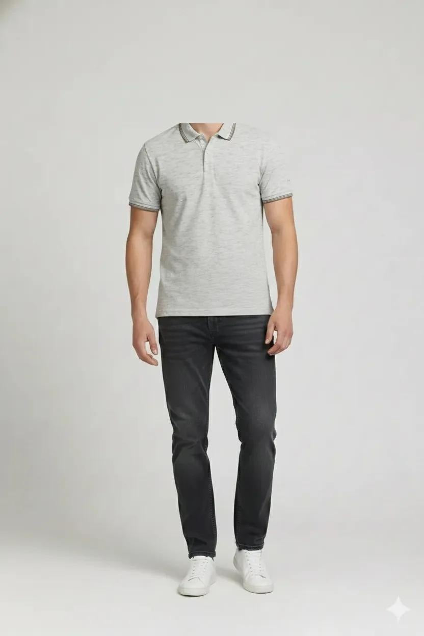 Men White Melange Polo Collar Pockets T-shirt