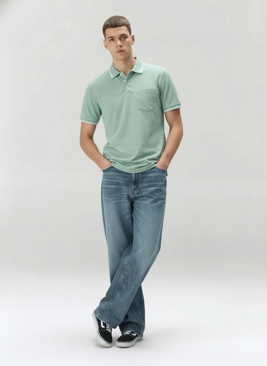 Men Green Melange Polo Collar Pockets T-shirt