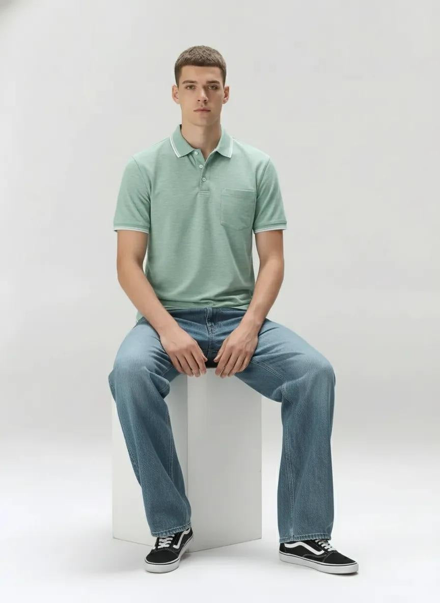Men Green Melange Polo Collar Pockets T-shirt