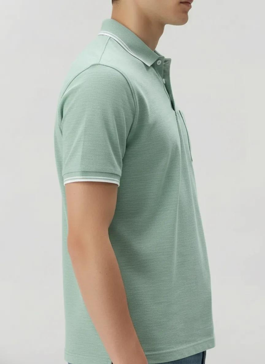 Men Green Melange Polo Collar Pockets T-shirt