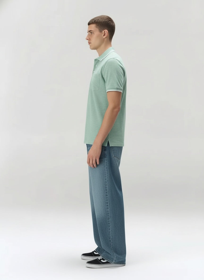 Men Green Melange Polo Collar Pockets T-shirt