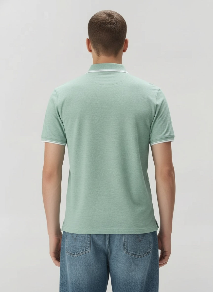 Men Green Melange Polo Collar Pockets T-shirt