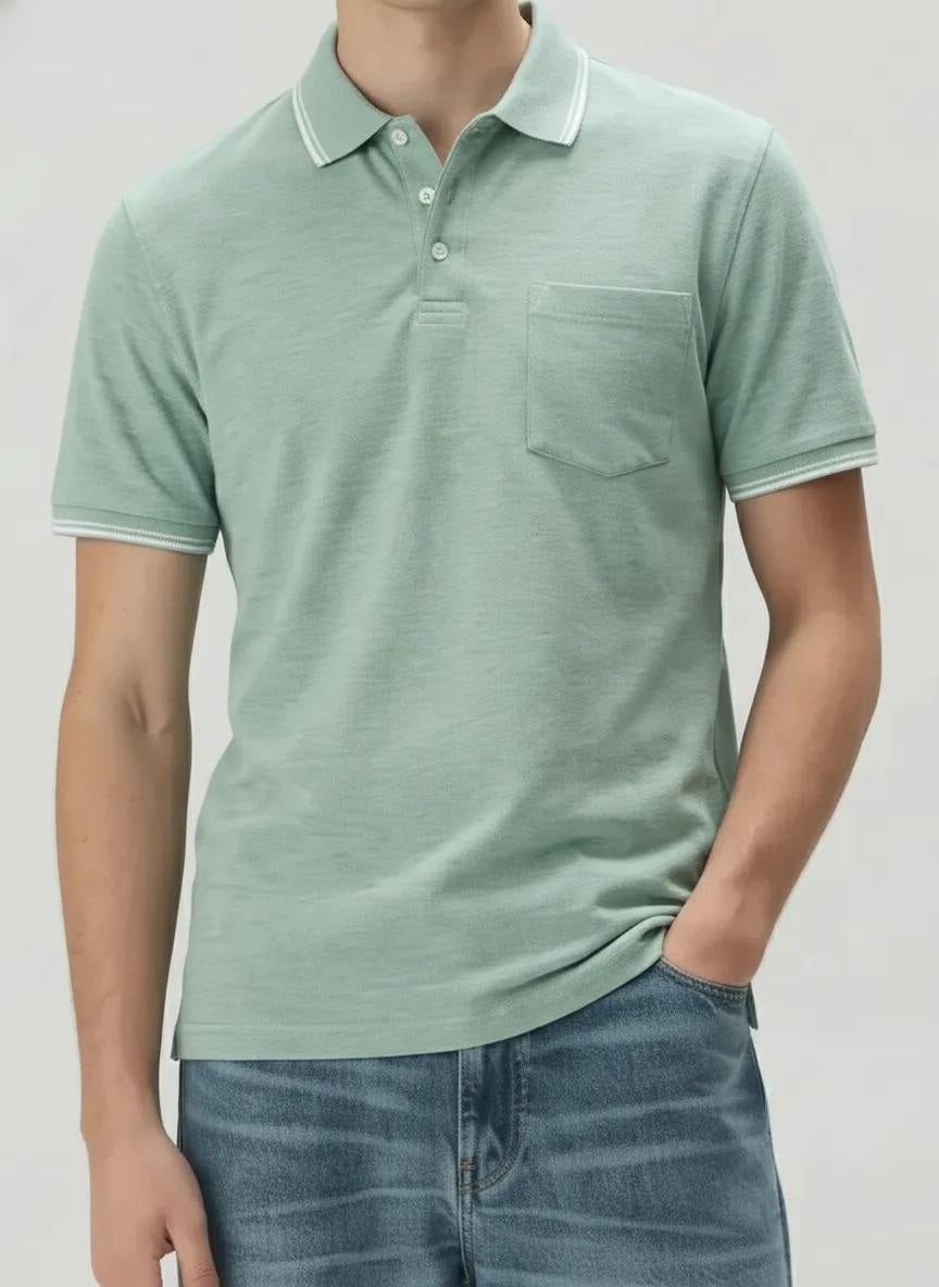Men Green Melange Polo Collar Pockets T-shirt