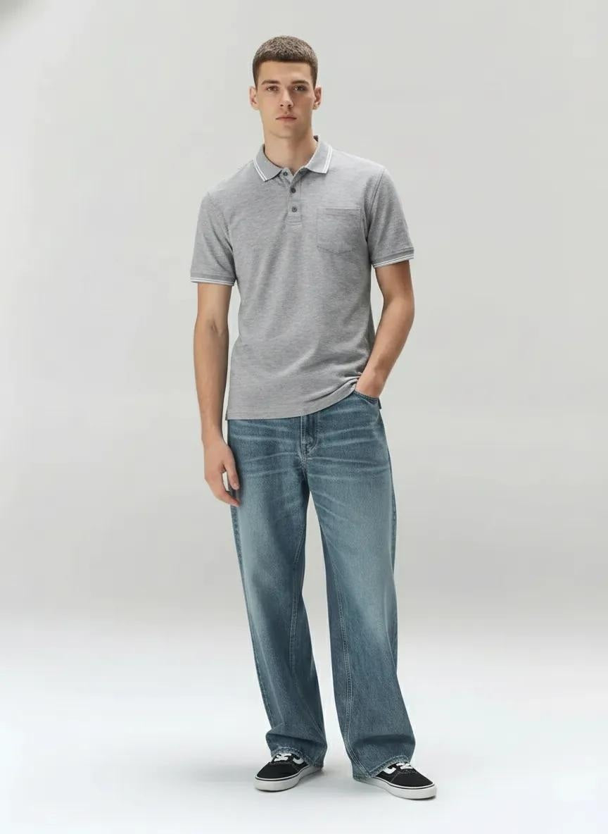 Men Grey Melange Polo Collar Pockets T-shirt