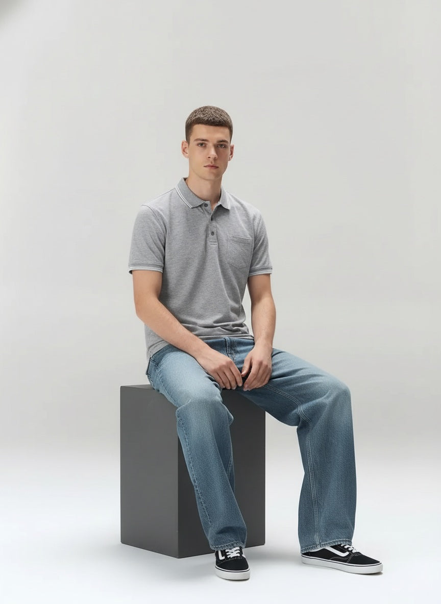 Men Grey Melange Polo Collar Pockets T-shirt