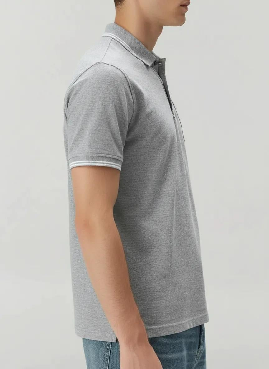 Men Grey Melange Polo Collar Pockets T-shirt