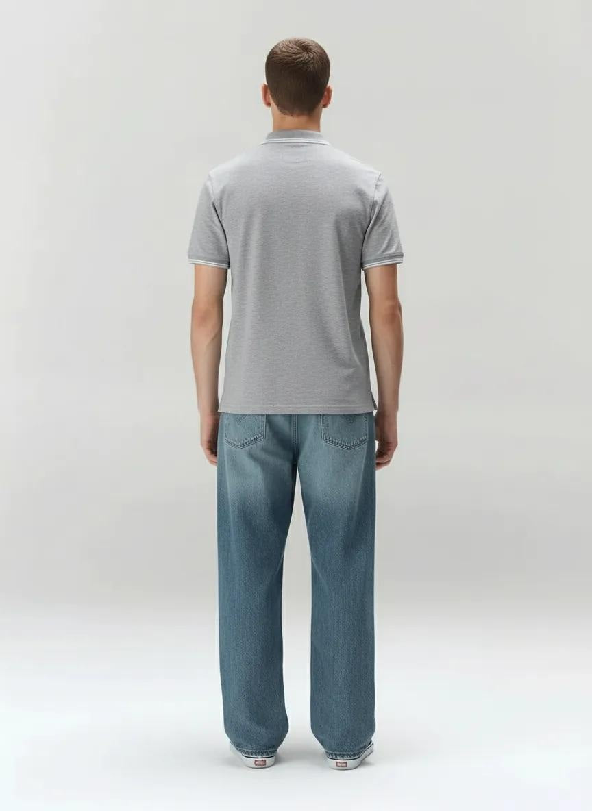 Men Grey Melange Polo Collar Pockets T-shirt