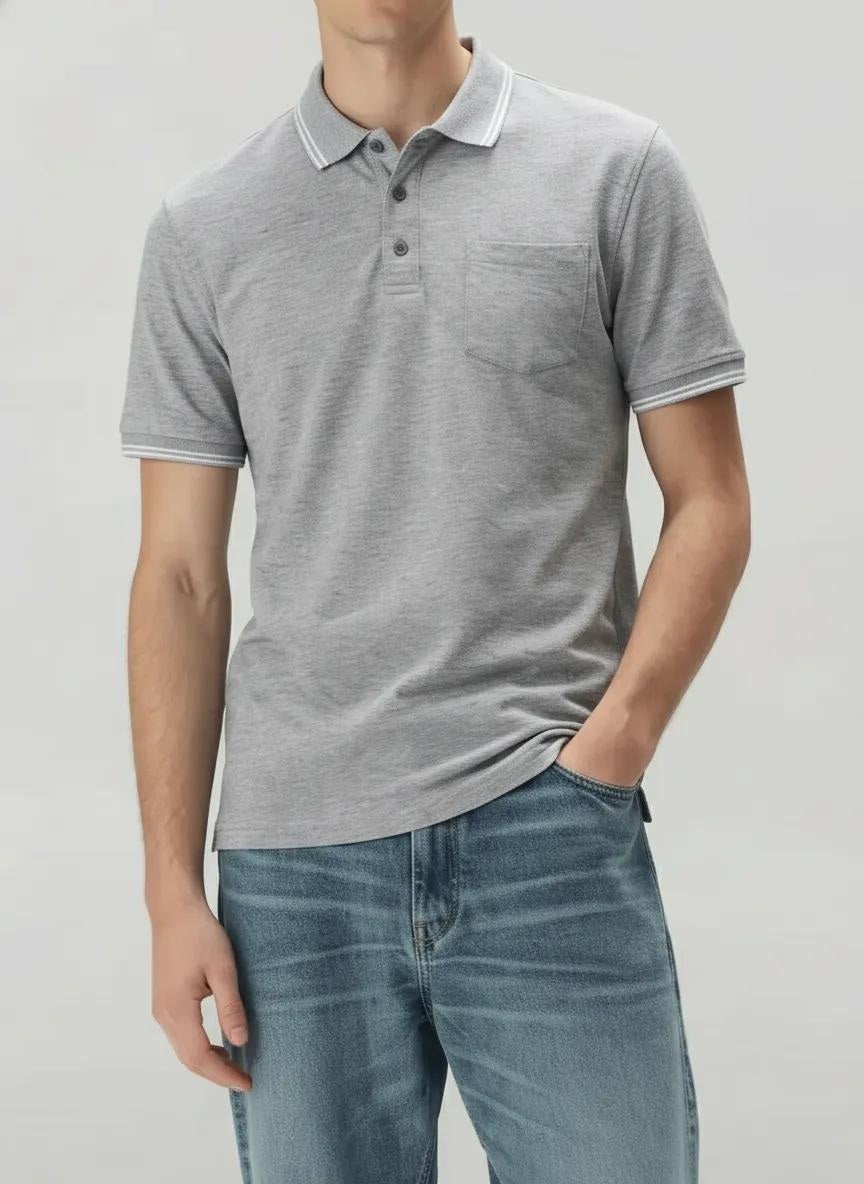 Men Grey Melange Polo Collar Pockets T-shirt