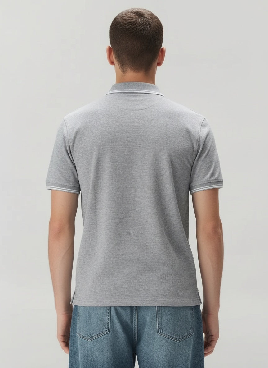 Men Grey Melange Polo Collar Pockets T-shirt