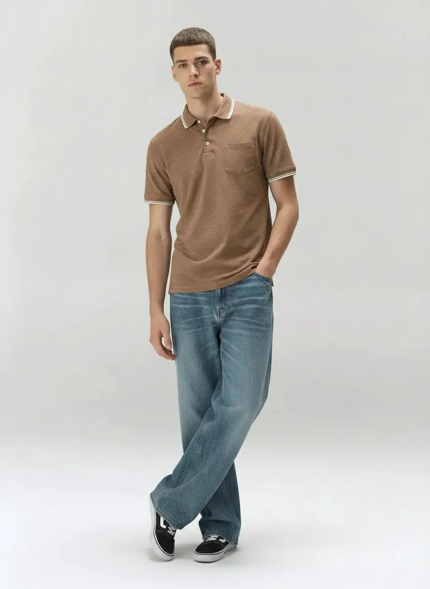 Men Khaki Melange Polo Collar Pockets T-shirt