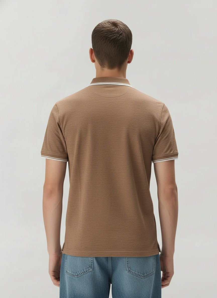 Men Khaki Melange Polo Collar Pockets T-shirt