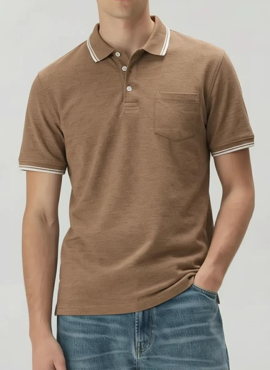 Men Khaki Melange Polo Collar Pockets T-shirt