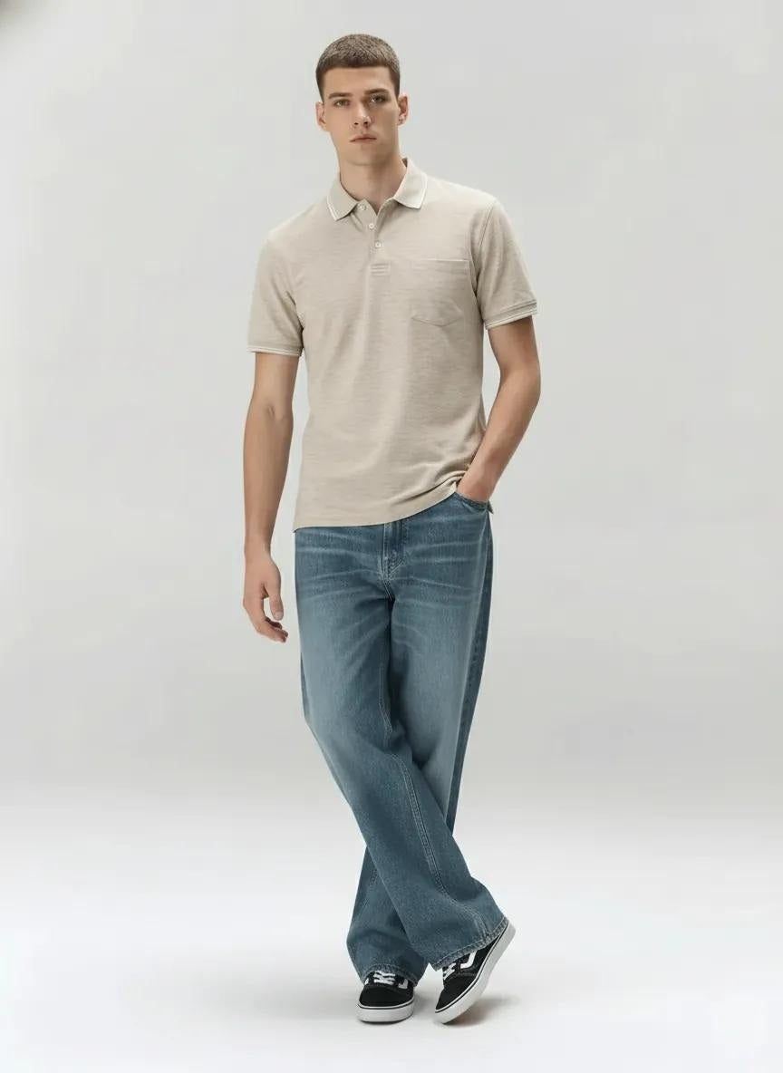 Men Linen Melange Polo Collar Pockets T-shirt