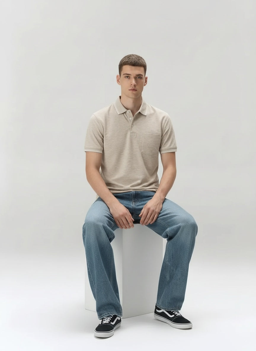 Men Linen Melange Polo Collar Pockets T-shirt