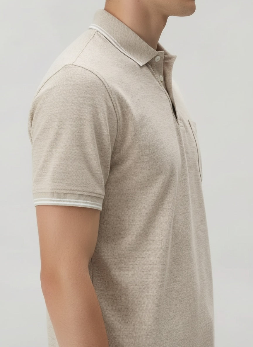 Men Linen Melange Polo Collar Pockets T-shirt