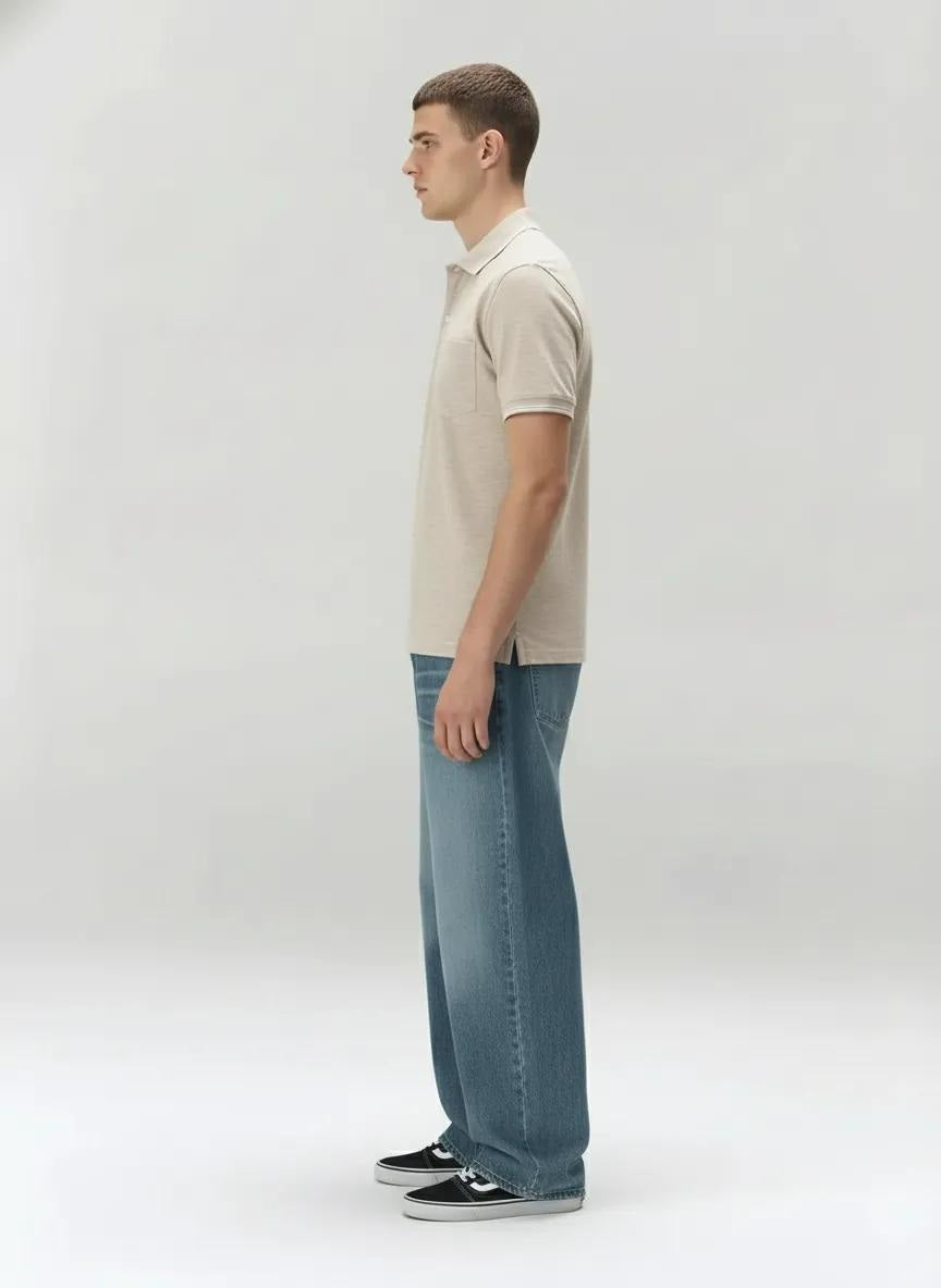 Men Linen Melange Polo Collar Pockets T-shirt