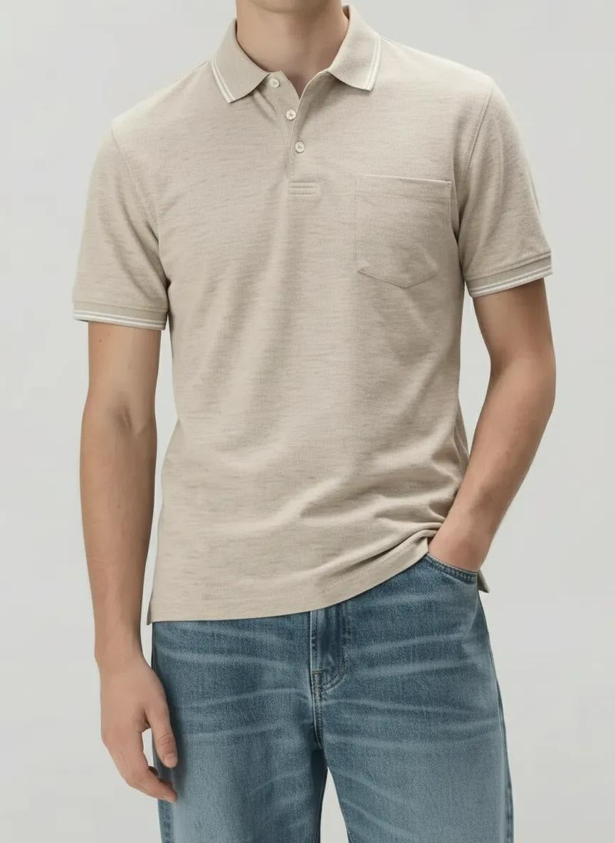 Men Linen Melange Polo Collar Pockets T-shirt